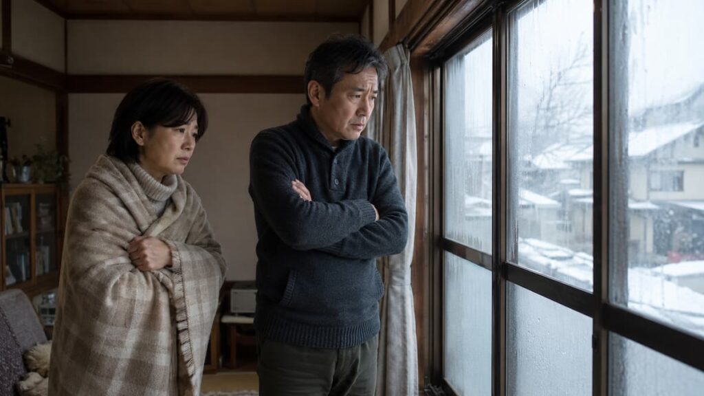 結露した古い窓の前で寒さに悩む日本人夫婦。断熱リフォームの効果に不安を感じる住宅の様子。