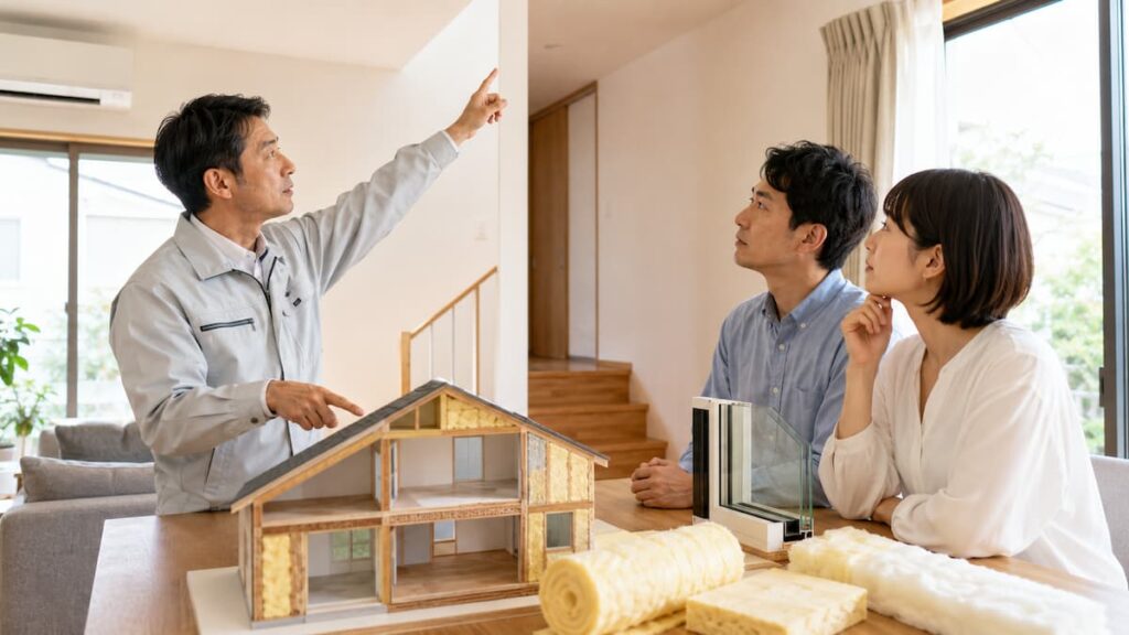 日本人の施工担当者が住宅模型と断熱材サンプルを使い、断熱リフォームの優先順位を説明する様子。