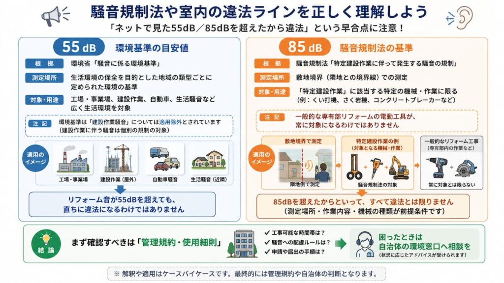 55dBと85dBの騒音基準について、マンション室内リフォームへの適用範囲や確認すべき管理規約を整理した図解。