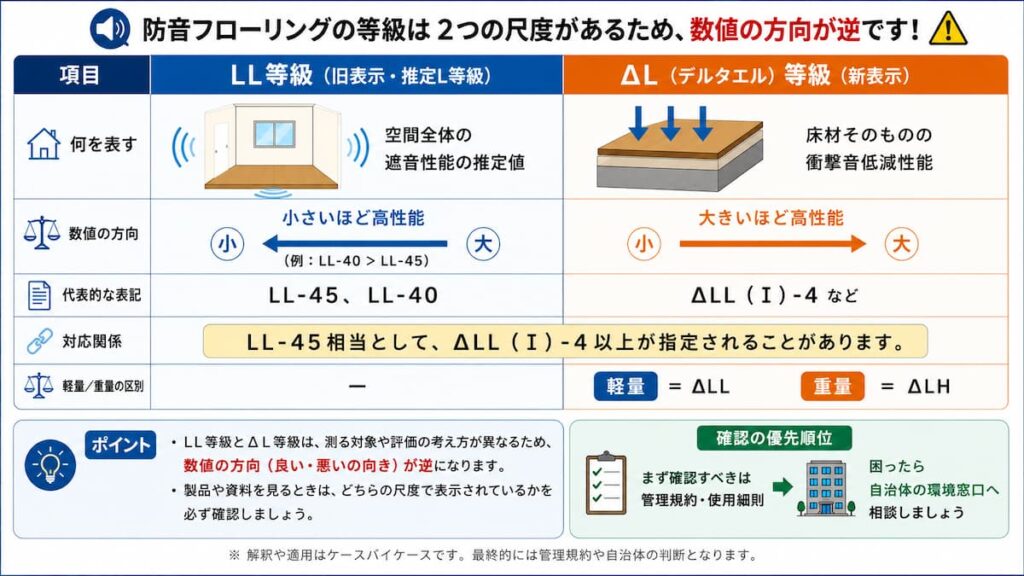 防音フローリングのLL等級とΔL等級について、数値の方向や意味の違い、対応関係を比較した図解。