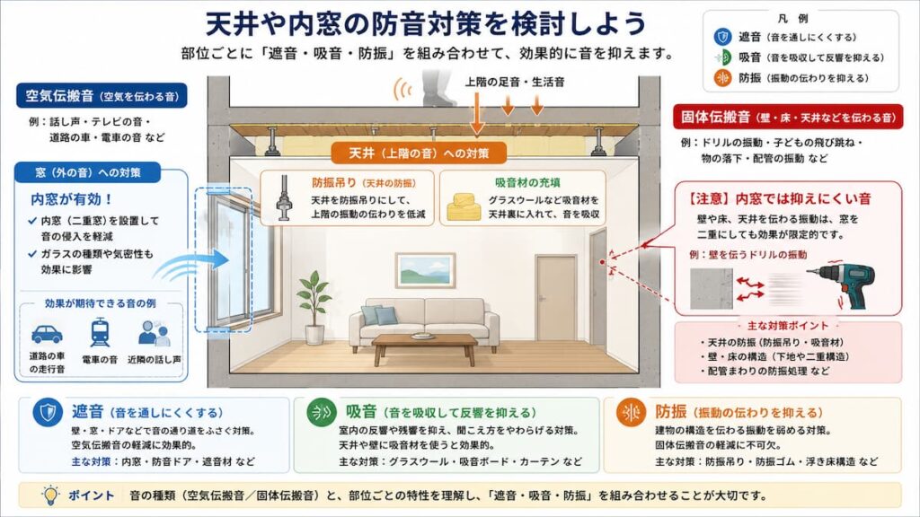 天井や内窓の防音対策について、空気伝搬音と固体伝搬音の違い、遮音・吸音・防振の使い分けを部屋の断面で示した図解。