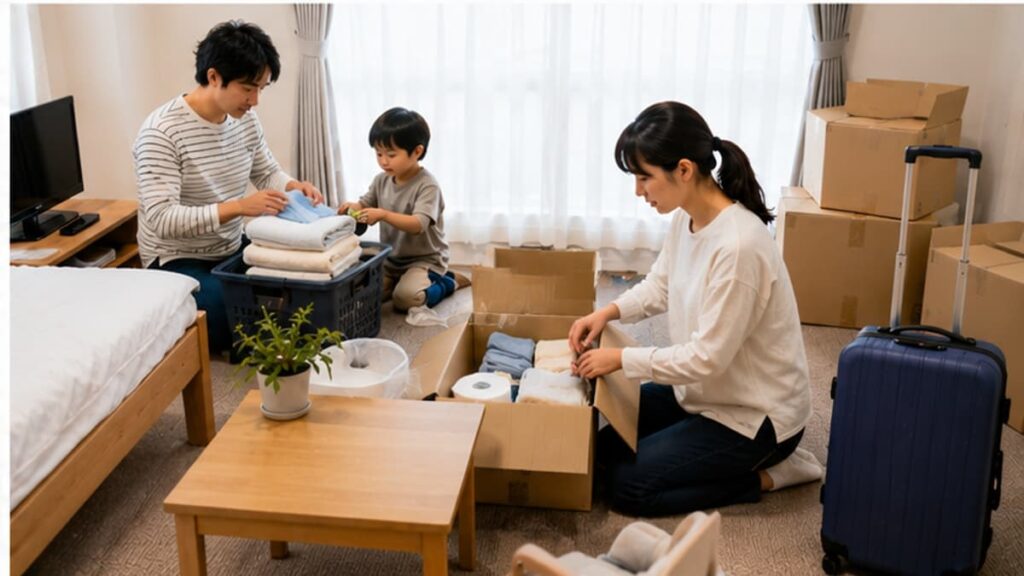 リフォーム期間中の仮住まいに向けて家族で荷物をまとめる様子
