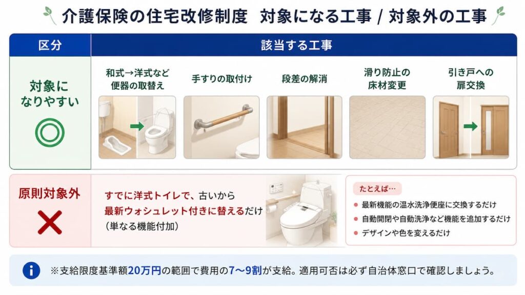 介護保険の住宅改修制度で対象になりやすいトイレ工事と、原則対象外となる単なる機能追加を比較した表。