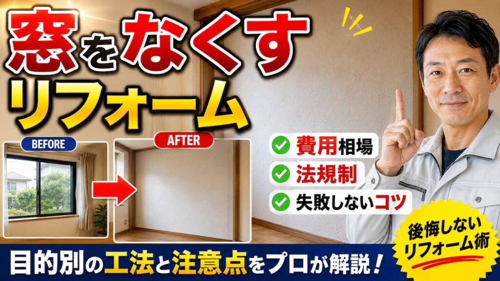 窓をなくすリフォームの施工前後と、費用相場・法規制・失敗しないコツを解説するアイキャッチ画像