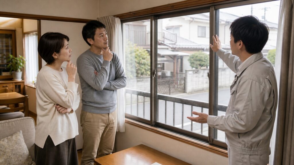 道路側の窓を前に日本人夫婦と担当者が窓をなくすリフォームを相談する様子