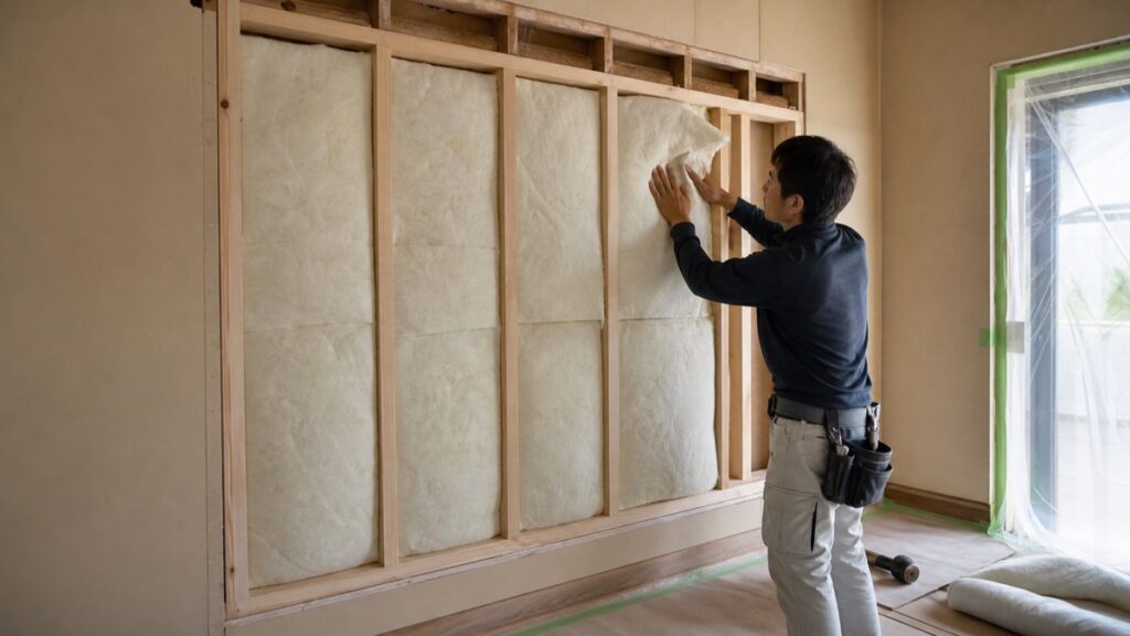 木下地の開口部へ断熱材を充填する窓をなくすリフォームの施工現場