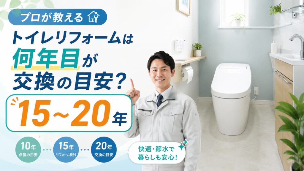 明るく清潔なトイレ空間と現場担当者を背景に、トイレリフォームの交換目安15〜20年を示したアイキャッチ画像。