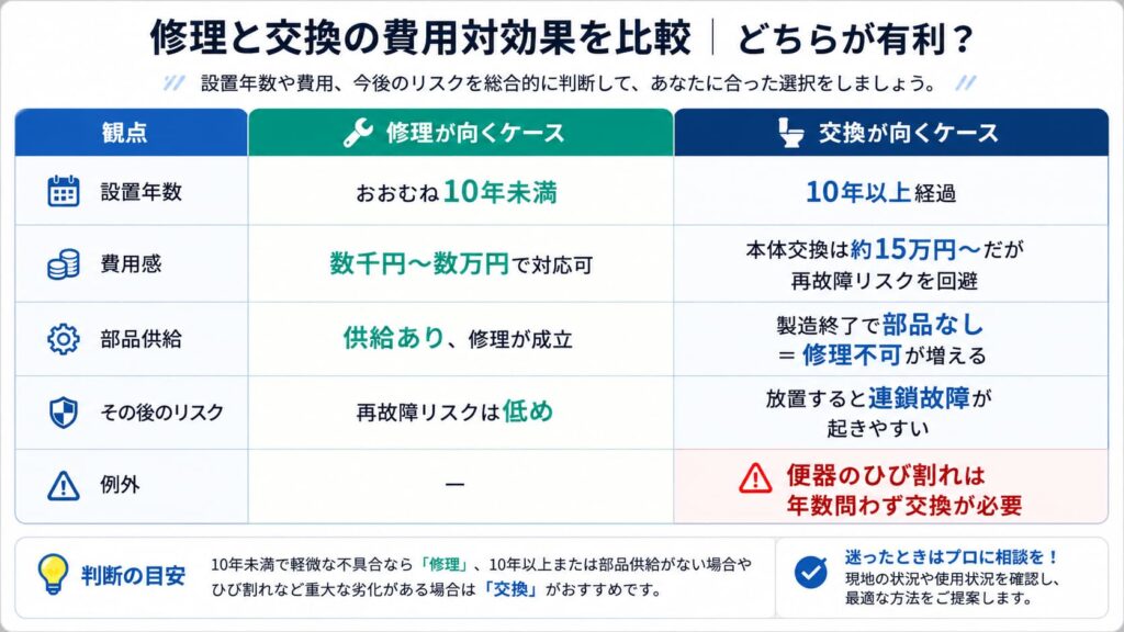 トイレの修理と交換について、設置年数・費用・部品供給・再故障リスク・例外を比較した表。